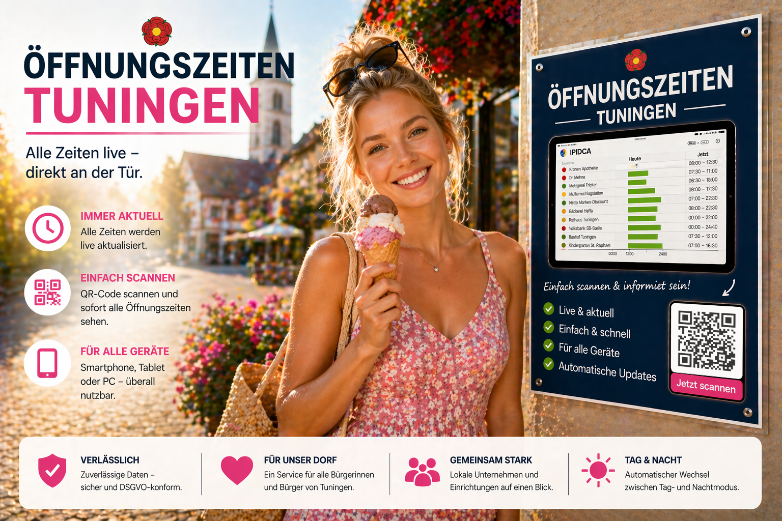 Tuni Schneckenburger isst Eis und zeigt Öffnungszeiten Tuningen