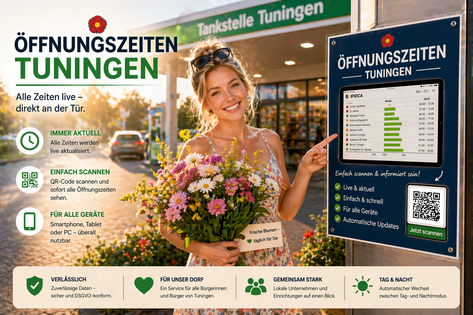 Tuni Schneckenburger mit Blumen von der Tankstelle in Tuningen